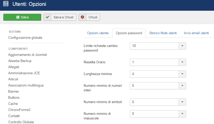 screenshot opzioni utenti Joomla